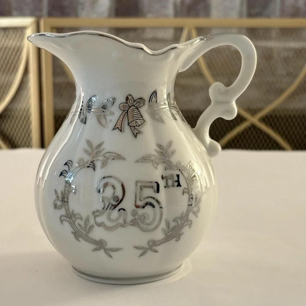 Vintage Lefton 25th Anniversary Pitcher &‎ Liner Bowl Silver White Porcelain MCM